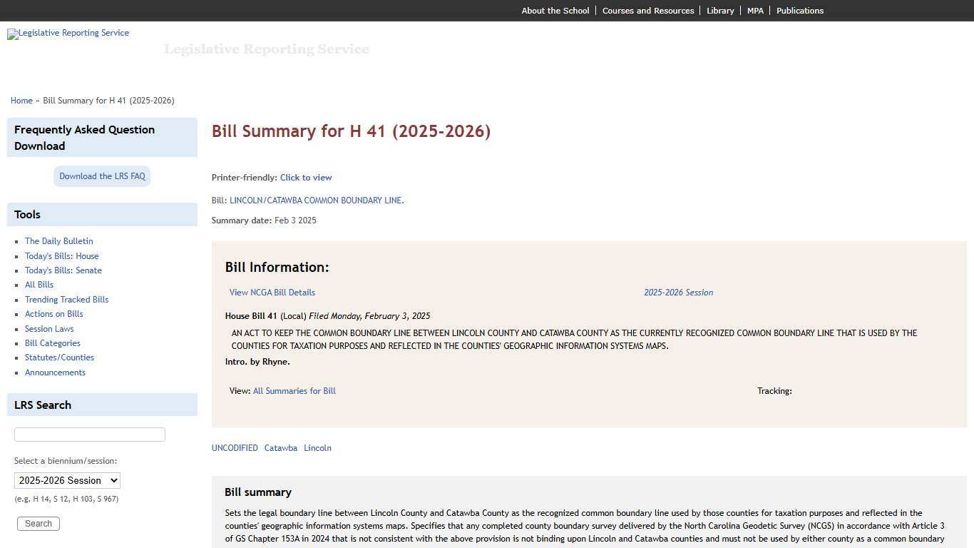 Bill Summary for H 41 (2025-2026) | Legislative Reporting Service